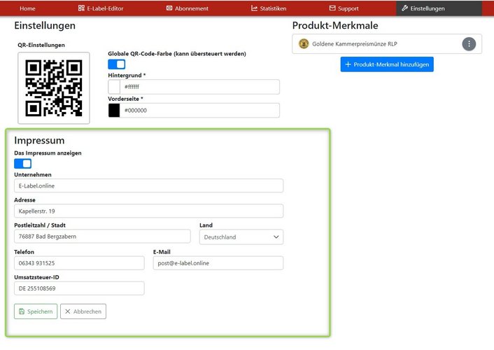 Entering the data for the imprint under the settings