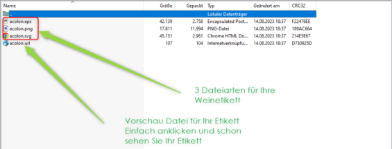 Das Etikett wird in 3 Grafikarten generiert, als EPS-Datei, als PNG-Datei und als SVG-Datei, damit kann jede Druckerei oder Grafiker arbeiten. 