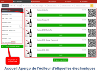 Écran d'accueil du logiciel E Label pour étiquettes de vin numériques avec code QR