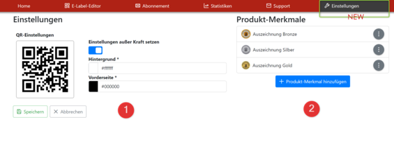 E-Label Wein Software - QR-Code anpassen Wein Merkmale hinzufügen BIO VEGAN Naturland Bioland EVOVIN demeter und eigene Merkmale z.B. goldene Kammerpreismünze 