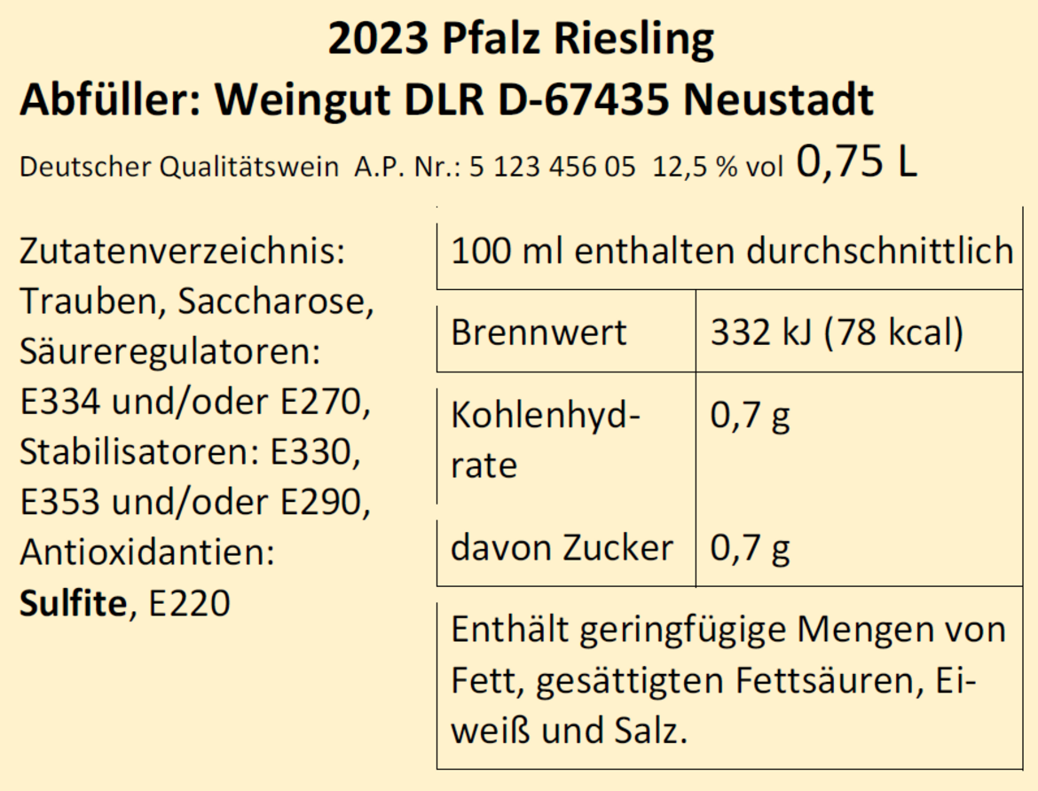 Abbildung: Zutatenverzeichnis und Nährwerttabelle auf einem Weinetikett. Stoffe, die Allergien auslösen können, müssen im Zutatenverzeichnis aufgeführt und, z. B. durch die Schriftart, den Schriftstil (z. B. Fettdruck) oder die Hin-tergrundfarbe hervorgehoben werden.