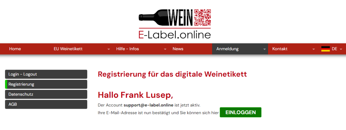 Abschluss der Registrierung bei e-label.online Abschluss der Registrierung bei e-label.online