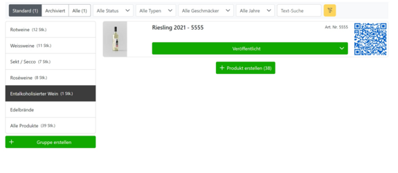 Damit sehen Sie immer, wie viele Weinetiketten online sind, die Anzahl in der Produktkategorie und im Archiv. 