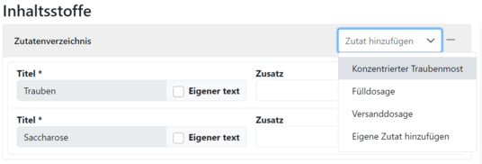 Integration der Inhaltsstoffe von Wein. Einfache Auswahl der Inhaltsstoffe im Editor. Grundsätzliche Inhaltsstoffe sind schon aufgeführt. 