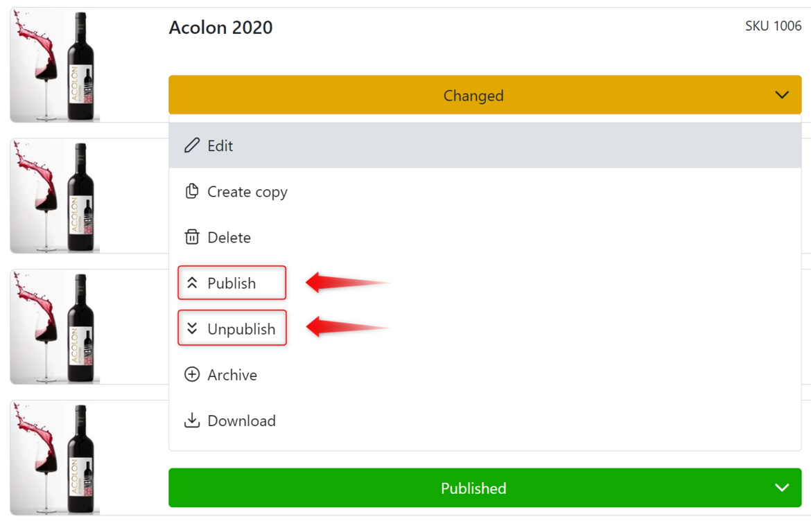 In the list view of the products, you can also change the status of a wine label. In the list view of the products, you can also change the status of a wine label.