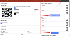 Abrir definições: Criar tipos de produto e sabores