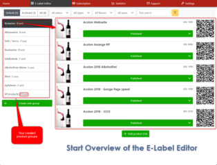 Start screen of the E Label software for digital wine labels with QR code