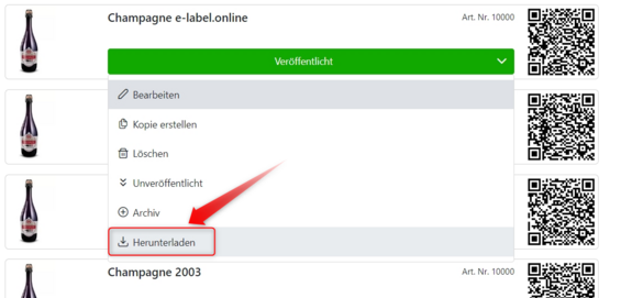 Einzelexport der QR-Codes für Weinetiketten bei jedem Produkt verfügbar. 