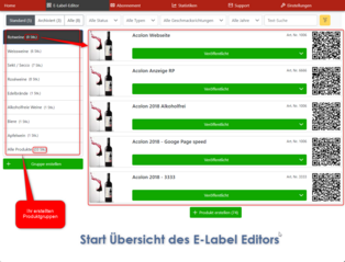 Startbildschirm der E Label Software für digitale Weinetiketten mit QR Code