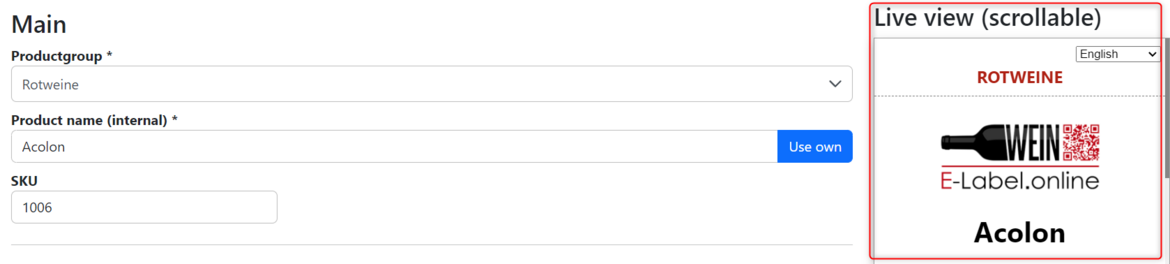 Enter data for the e-label It starts with the selection of your previously created product category. 2. The internal product name is assigned automatically. 3. You can also define it yourself. 4. 4. assign an item number. On the far right you will see the live view of the label, which updates in seconds when changes are made.