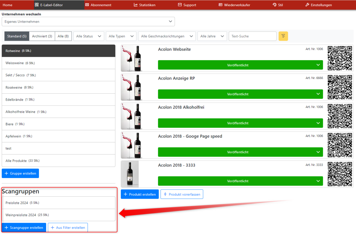 The view in our E Label Editor of the scan group of wines for a price list. The view in our E Label Editor of the scan group of wines for a price list.