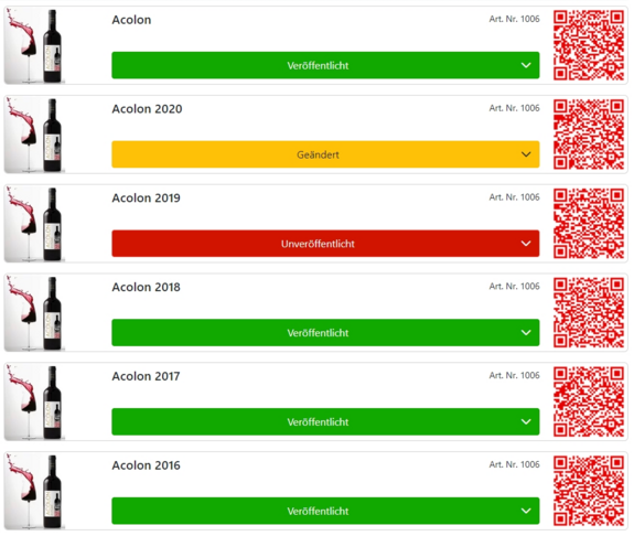 Unsere Listansicht der Weine ermöglicht es Ihnen Ihre QR-Codes der einzelnen Weinetiketten zu scannen und auf dem Handy anzuzeigen. 