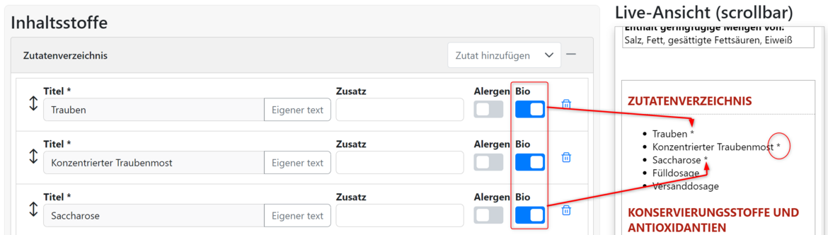 Schalter für BIO Auszeichnung in der Zutatenliste von Wein. Zutaten werden im digitalen Wein Etikett mit * markiert und darunter der Satz:  * aus kontrolliert ökologischer Landwirtschaft angezeigt. 
