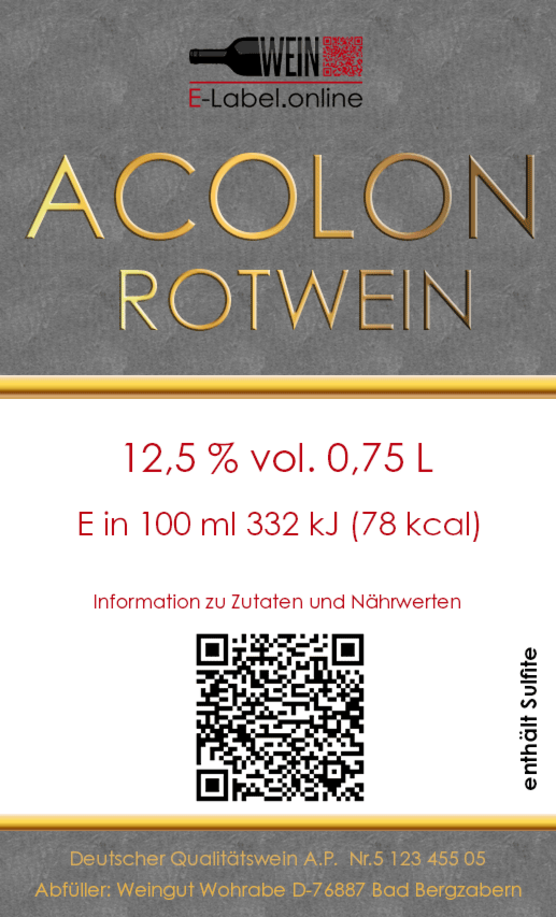 Beispiel Etikett Wein mit den notwendigen Angaben und QR Code