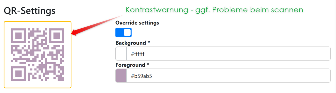 Automatische Kontrastprüfung der gewählten Farben vom QR-Code