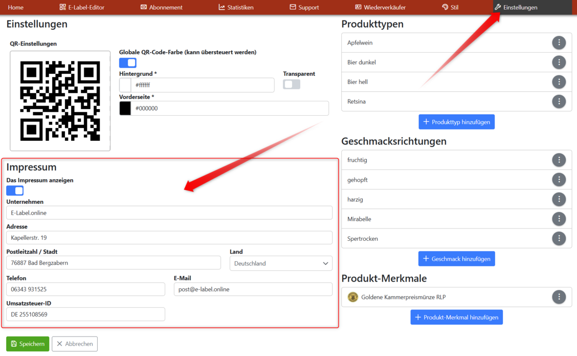 Die Eingabe der Impressum Daten erfolgt unter dem Navigationspunkt "Einstellungen". Dort finden Sie auch noch viele weitere Konfigurationsmöglichkeiten.
