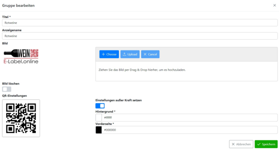 Übersicht der Grundfunktionen der Produktgruppe des E-Label Editors für Weine