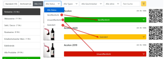 Unsere Software überprüft Ihre generierten QR-Codes auf intelligente Weise, daher gibt es für die QR-Code Wein Labels drei Status Meldungen.