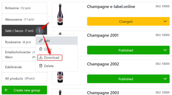 Export of all QR codes of the wines of a product group