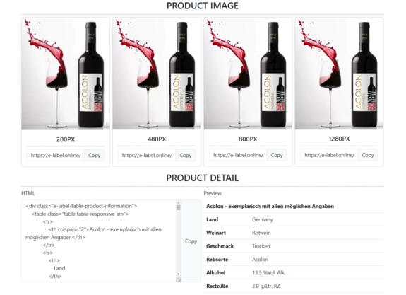 E-Label Export function for social media and onlineshops