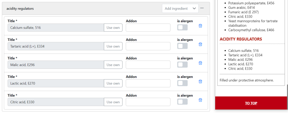 Acid regulators - All possible ones are displayed as examples. The selection is made via a selection field. In case of gas usage you can select it by button and the information will be displayed. Acid regulators - All possible ones are displayed as examples. The selection is made via a selection field. In case of gas usage you can select it by button and the information will be displayed.